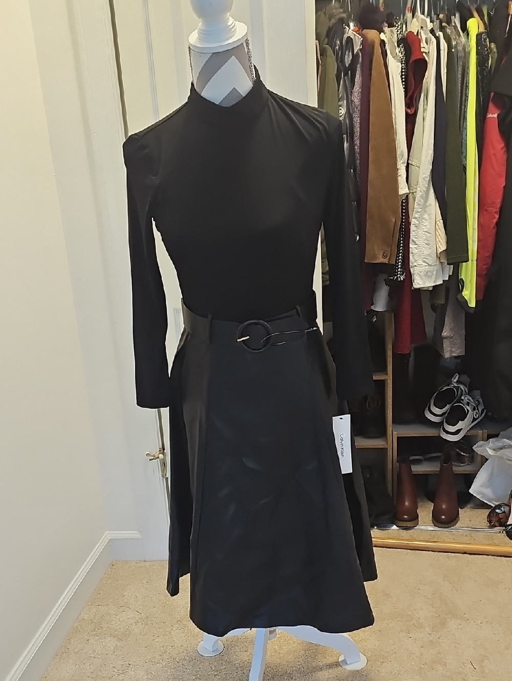 Calvin Klein Black Long-Sleeve Mock Neck Dress with Belted Waist